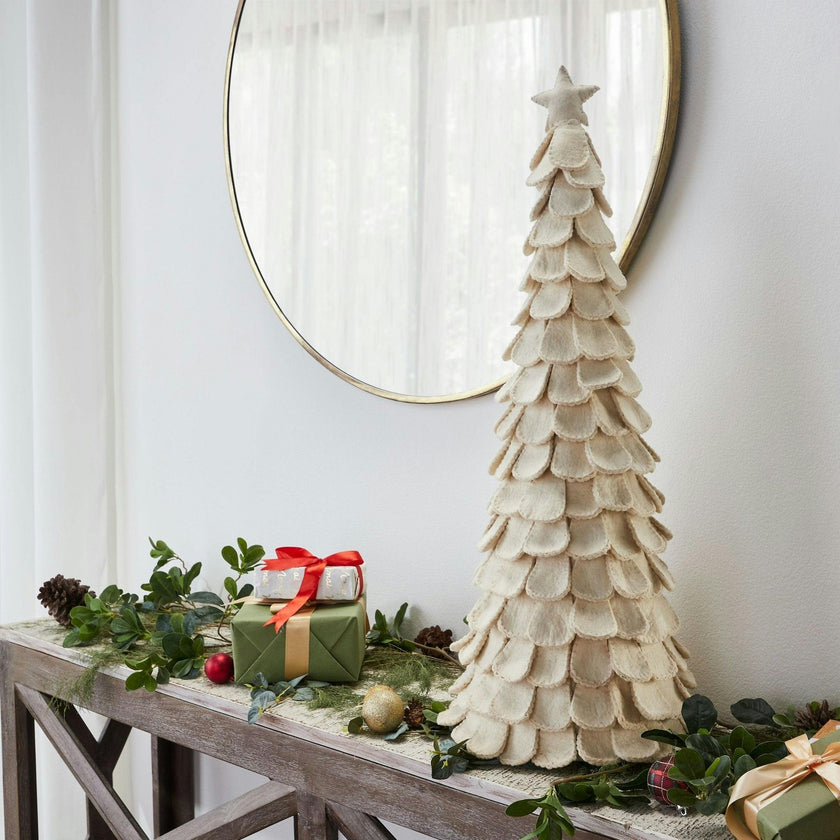 Pair of Handmade Cream Tabletop Christmas Trees Hand Felted Wool- XL- 26" and 36"