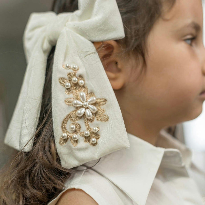 Embroidered Velvet Pearl Hair Bow