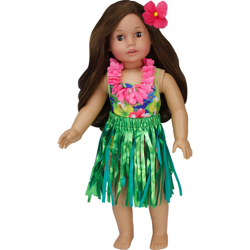 Sophia's Hawaiian Hibiscus Print Bathing Suit, Grass Skirt, Lei and Hair Flower for 18'' Dolls, Multi