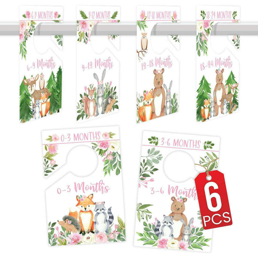 6-Piece Woodland Girl Baby Closet Dividers & 6-Piece Nursery Wall Art Prints Baby Shower Gift