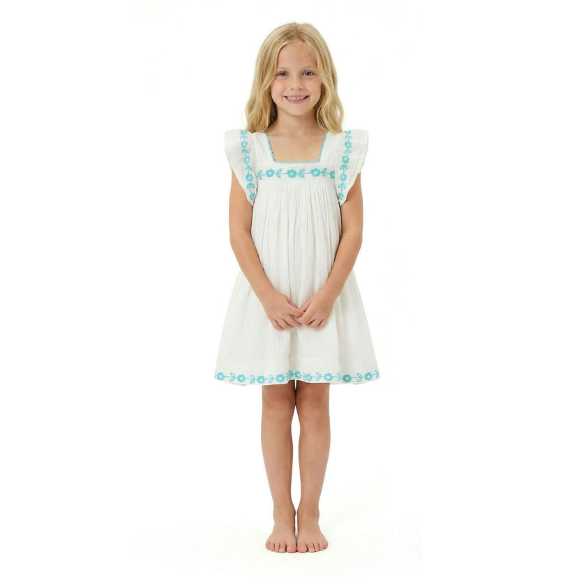 Serena Girls Tassel Dress Aqua Floral Embroidery, Aqua Floral Embroidery