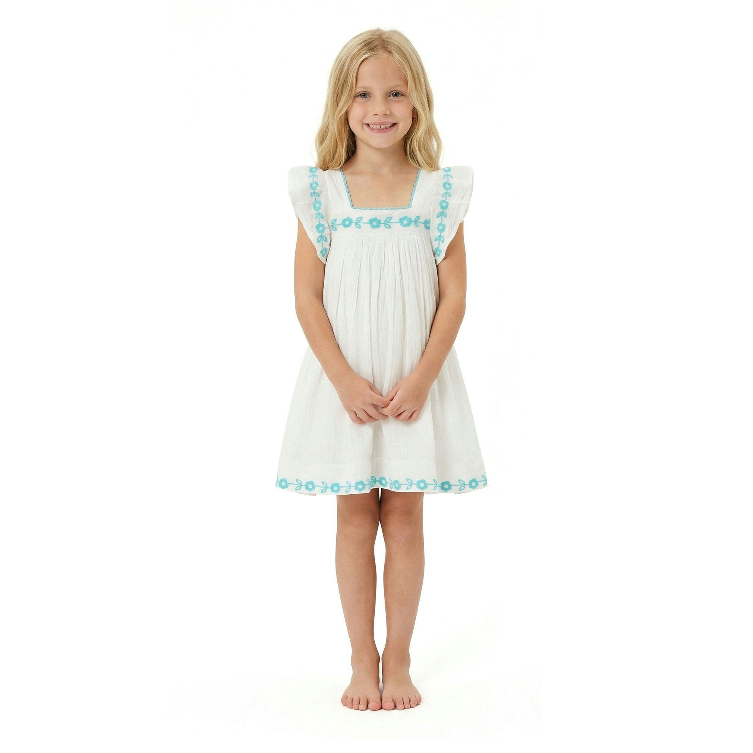 Serena Girls Tassel Dress Aqua Floral Embroidery, Aqua Floral Embroidery