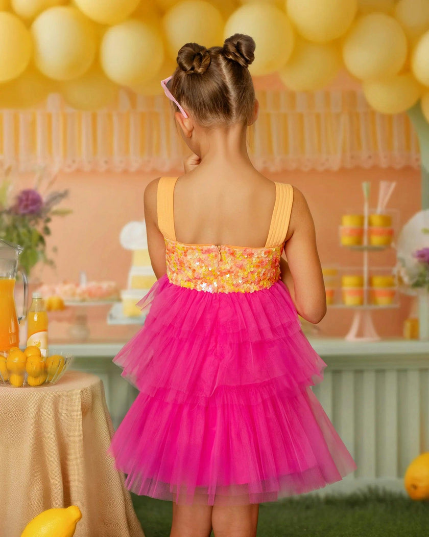 Pink Lemonade Sequin Tiered Tulle Birthday Dress for Girls