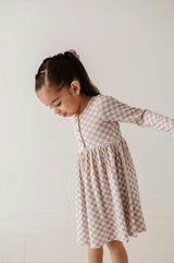 Girls Long Sleeve Henley Dress in Lavender Cloud Checkered