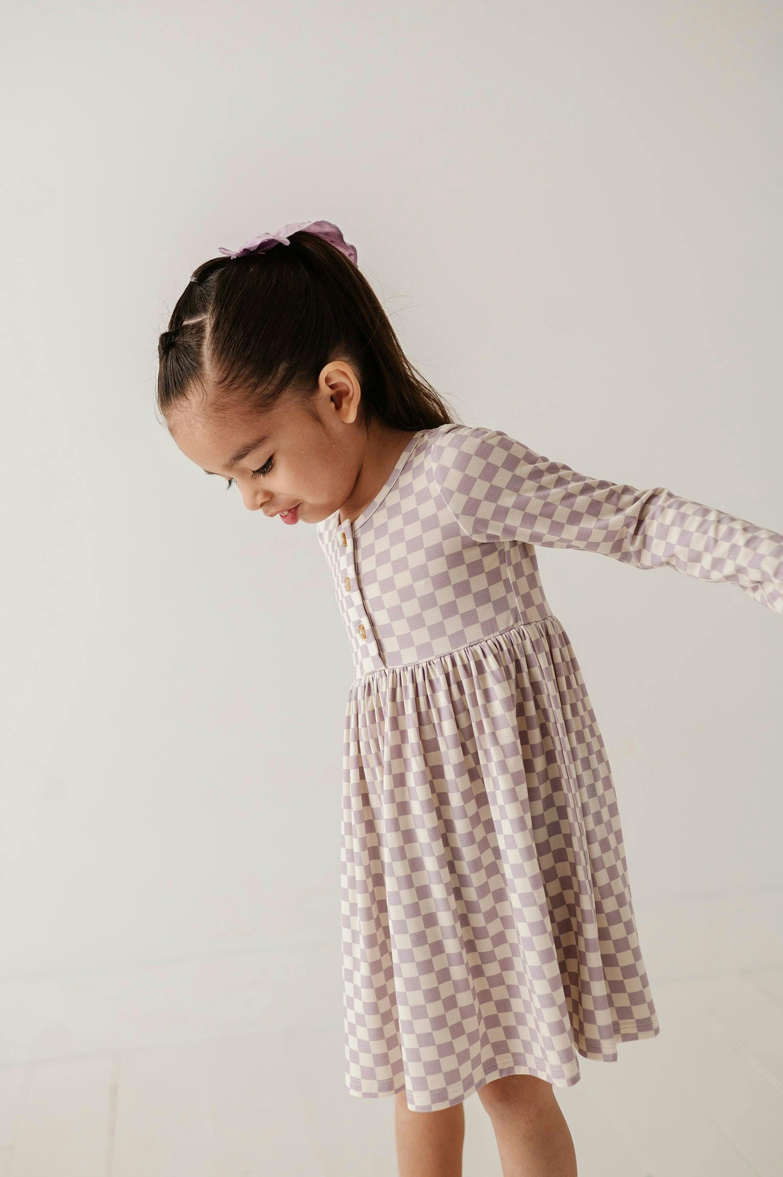 Girls Long Sleeve Henley Dress in Lavender Cloud Checkered