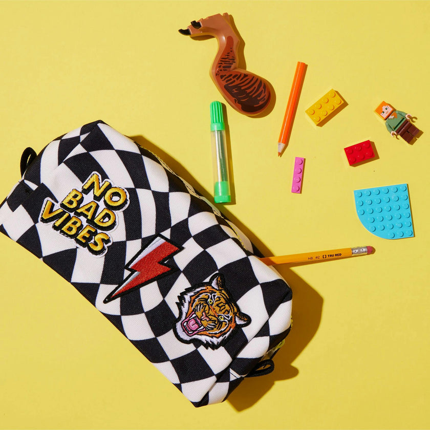 Checkered Pattern Pencil Pouch With Patches