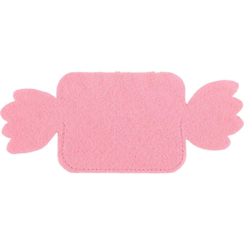 Packed Party Candy Pink Felt Gift Card Holder - Wrapped Candy-Shaped Holiday Gift Card Sleeve with Gold Glitter and Green Stripes for Christmas Gifting