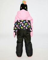 Kids One Piece Play Snowsuit Pink And Black Gummy Bear Print
