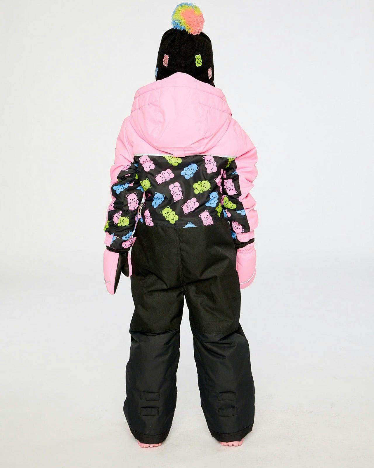 Kids One Piece Play Snowsuit Pink And Black Gummy Bear Print