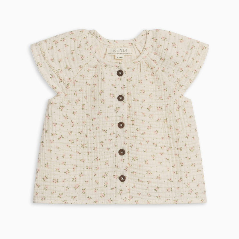 Nelly Muslin Ruffle Sleeve Top - Camellia Floral / Shell + Fern