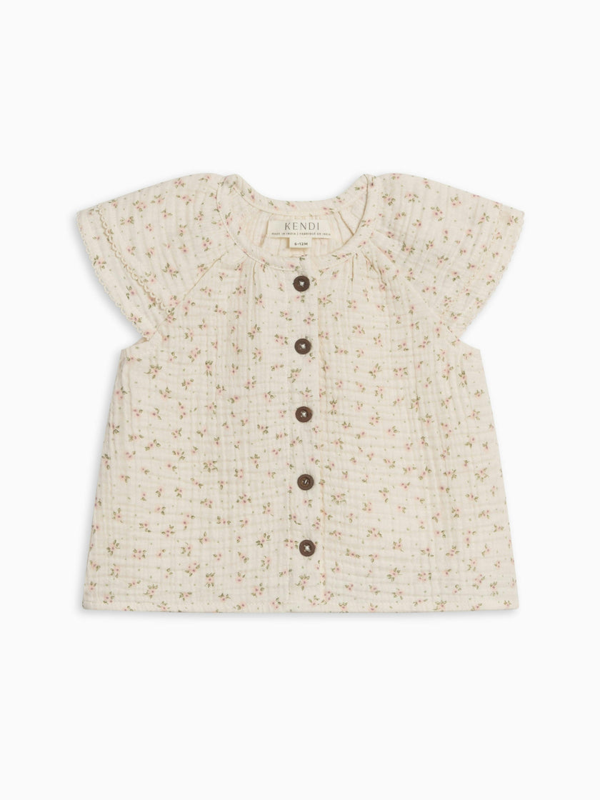 Nelly Muslin Ruffle Sleeve Top - Camellia Floral / Shell + Fern
