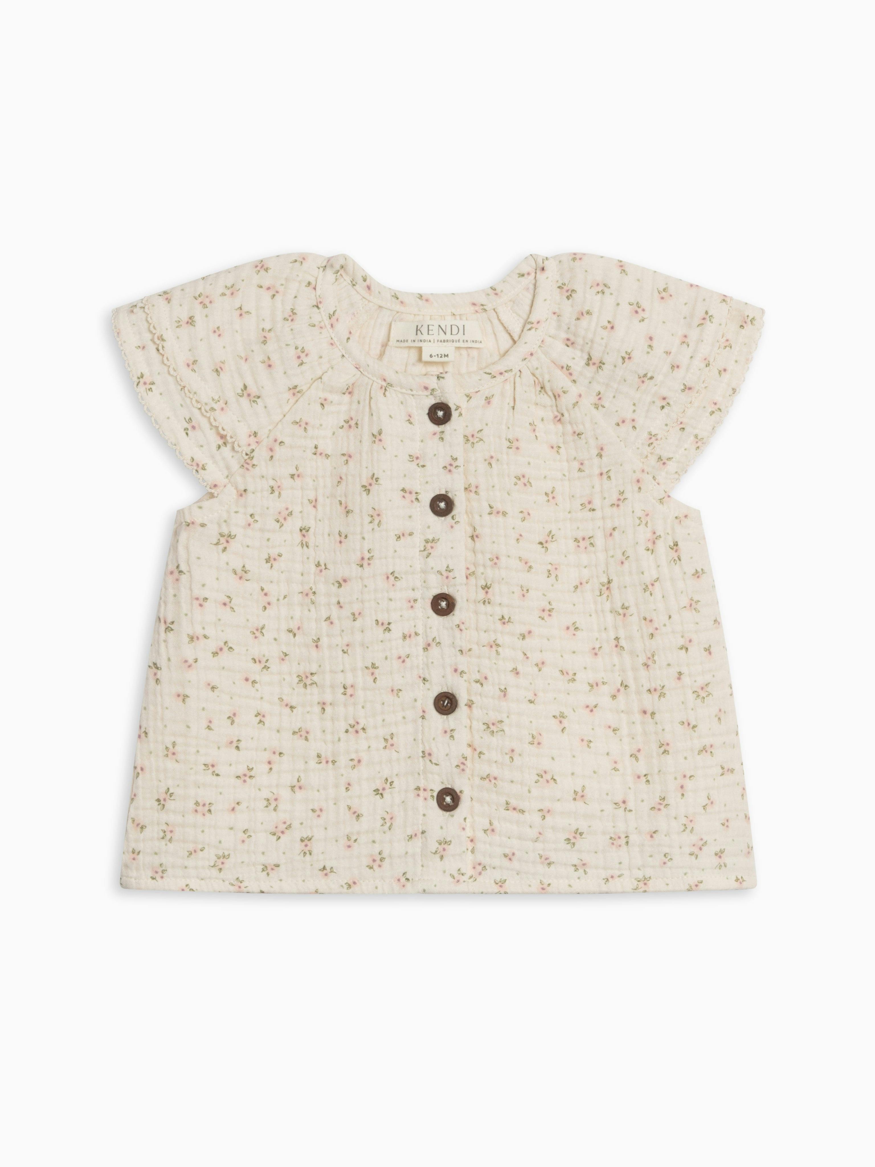 Nelly Muslin Ruffle Sleeve Top - Camellia Floral / Shell + Fern