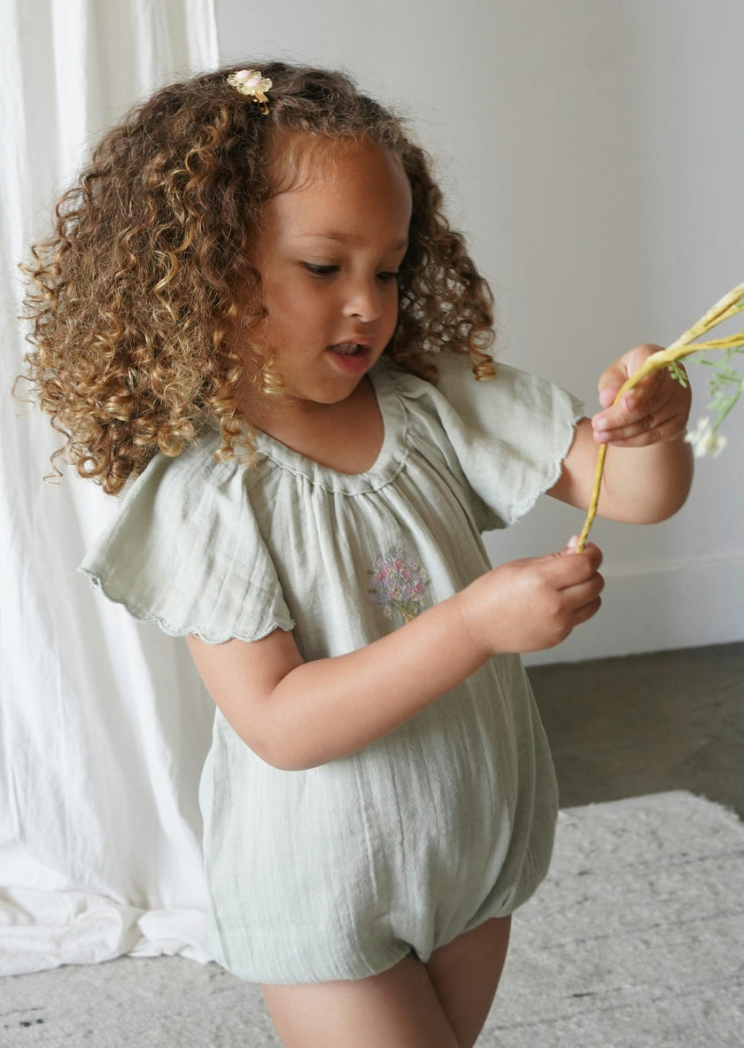 Liva | Muslin Cotton Ruffle Embroidered Romper | Sage