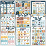 16-Piece Boho Rainbow Prek & Kindergarten Posters & 9-Piece Phonics & Vowels Posters