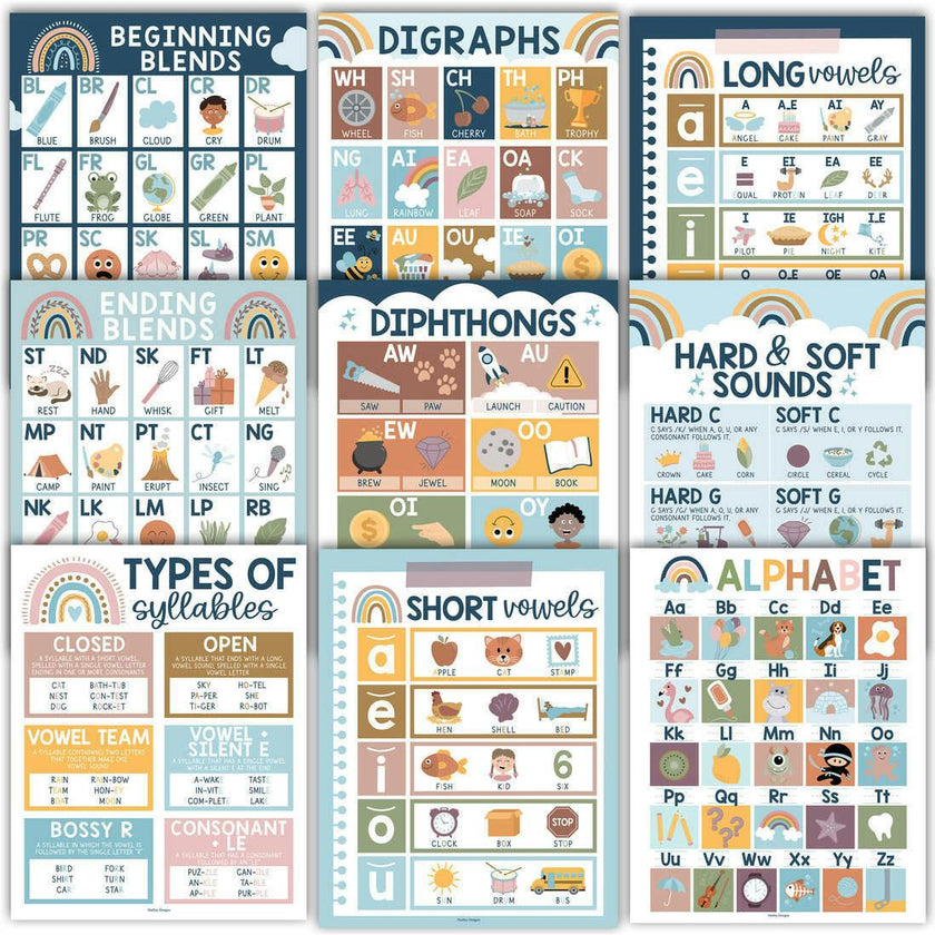 16-Piece Boho Rainbow Prek & Kindergarten Posters & 9-Piece Phonics & Vowels Posters