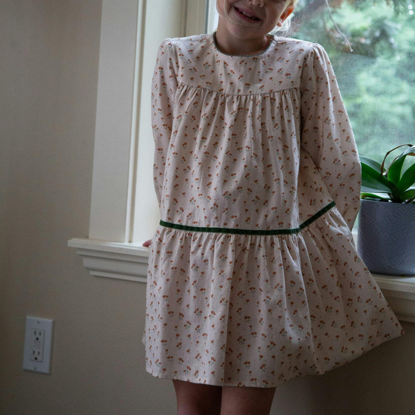 Piper Tiered Dress with Velvet Trim | Beige Petals