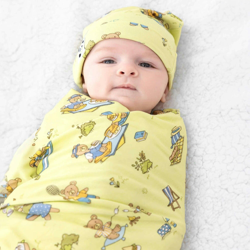 Teddy Picnic Bamboo Swaddle & Beanie Set