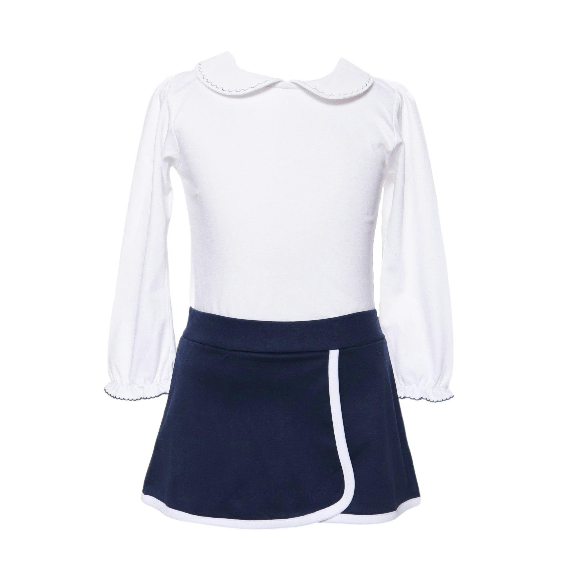 Girls White Pima Top with Navy Embroidered Collar