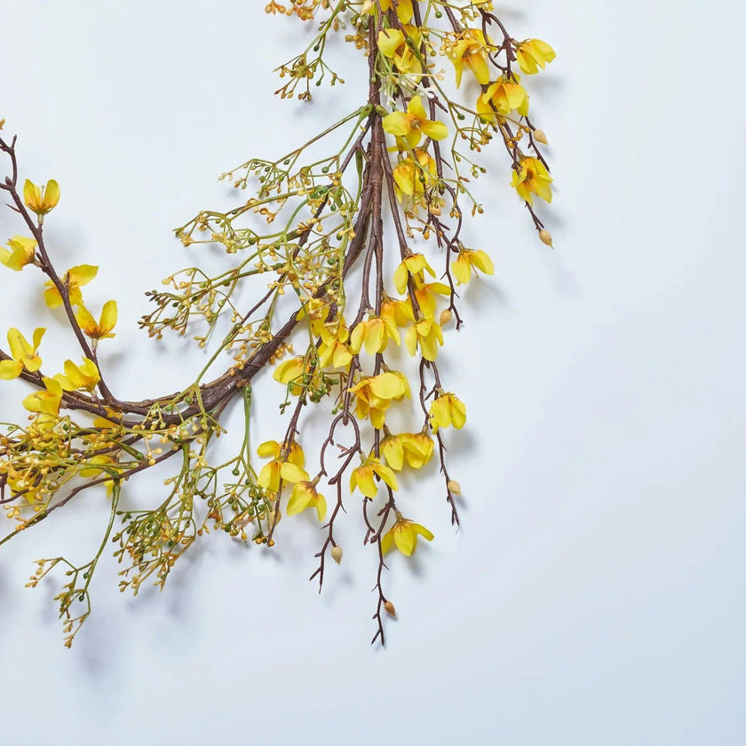 Flowering Yellow Forsythia Blossom & Faux Berry Twig Spring Mantel Garland Table Runner