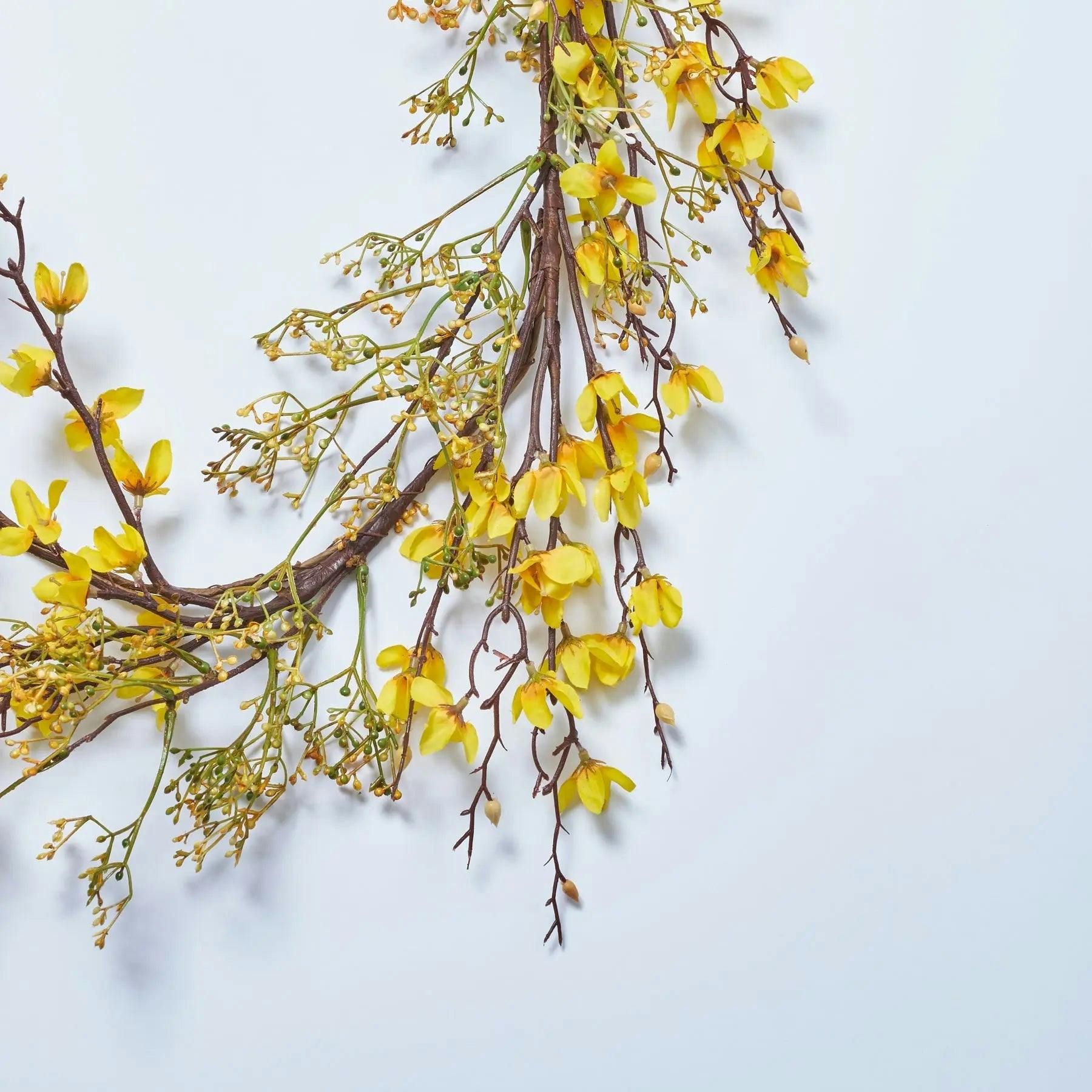 Flowering Yellow Forsythia Blossom & Faux Berry Twig Spring Mantel Garland Table Runner