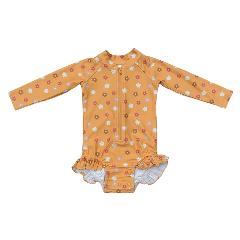Girls One-Piece Ruffle Rash Guard Swimsuit in Desert Mist Blooms