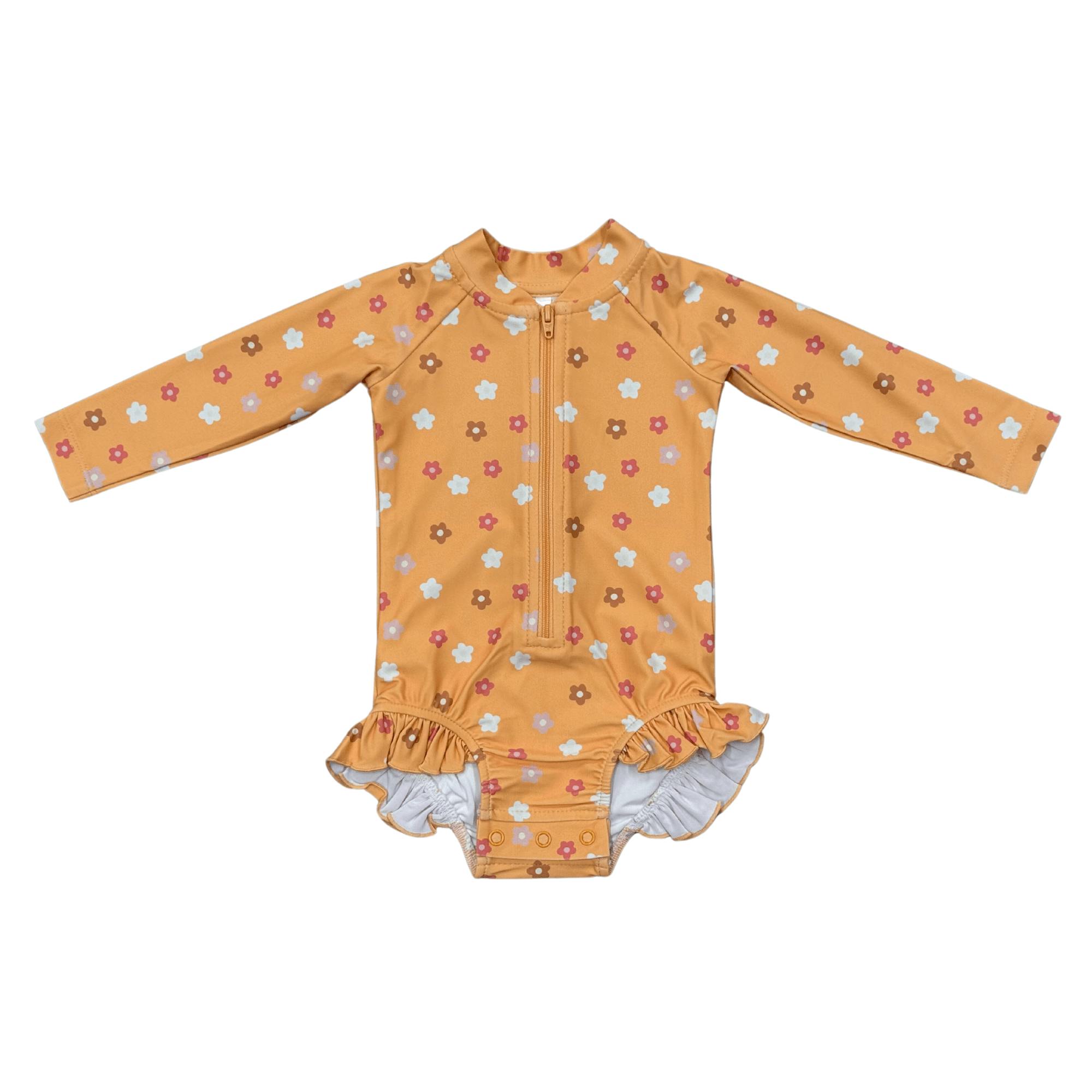 Girls One-Piece Ruffle Rash Guard Swimsuit in Desert Mist Blooms