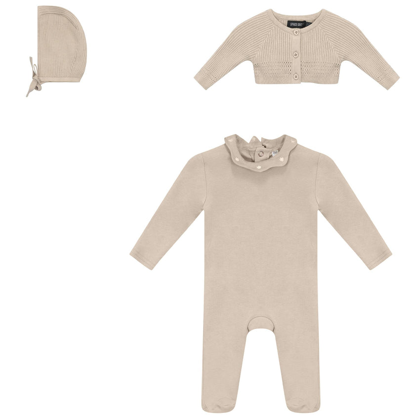 Embroidered Romper, Cardigan, and Hat Three Piece Set