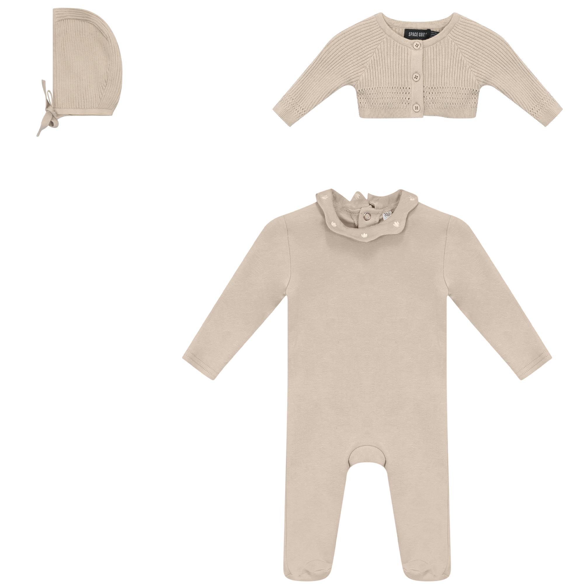 Embroidered Romper, Cardigan, and Hat Three Piece Set