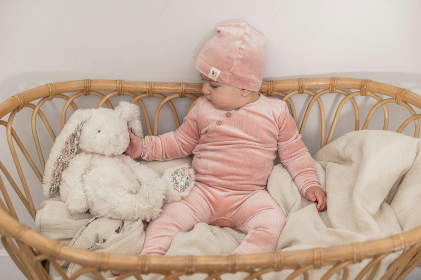 Fake Wrap Snap Front Velour Romper and Hat Two Piece Set