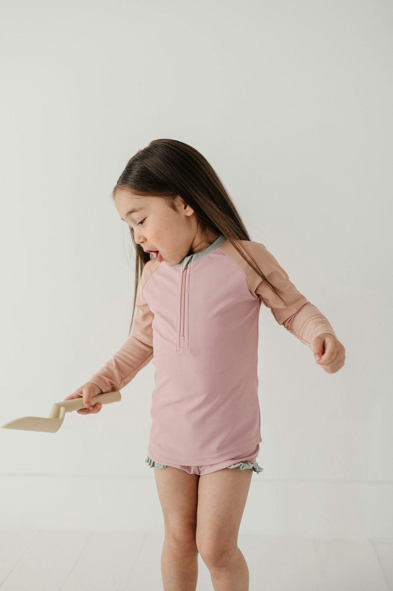 Girls Zip Rash Guard Two-Piece Swimsuit in Mauve Colorblock