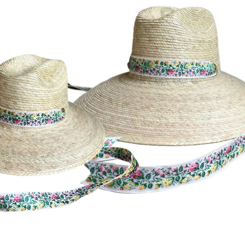 Mommy & Me Sun Hat Set - Hollyhock & Petunia - Long Rainbow Rosebud Vintage Ribbon