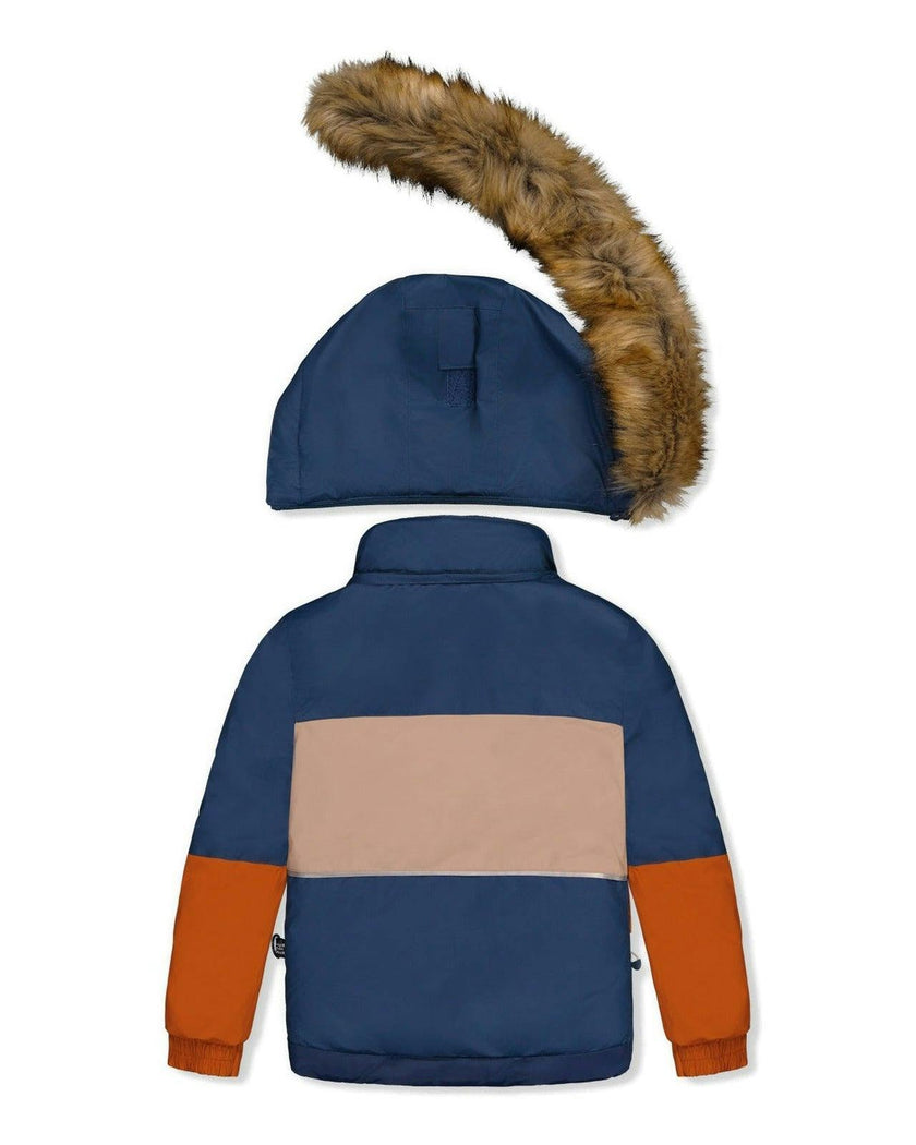 Two Piece Play Snowsuit Navy And Rust Colorblock With Blue Bear Print Pants