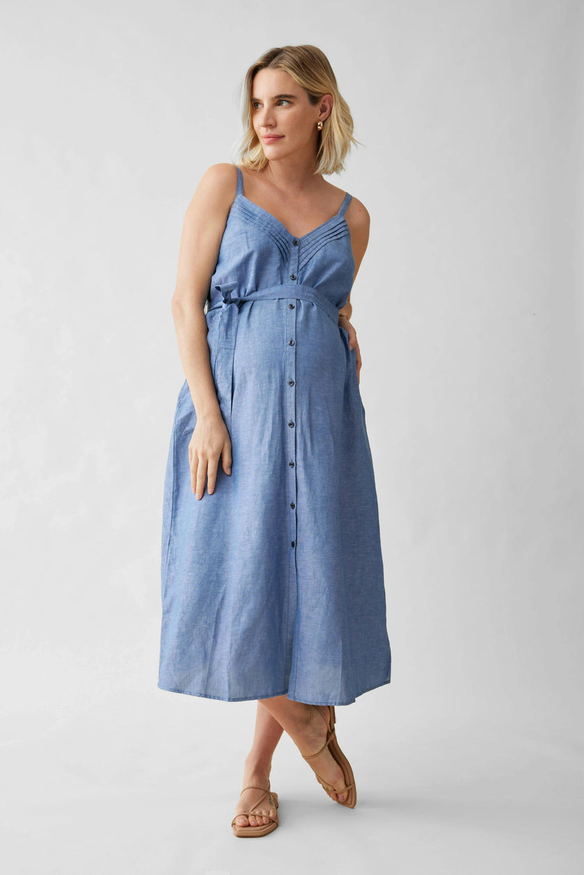 Sleeveless Chambray Maternity and Nursing Midi Dress