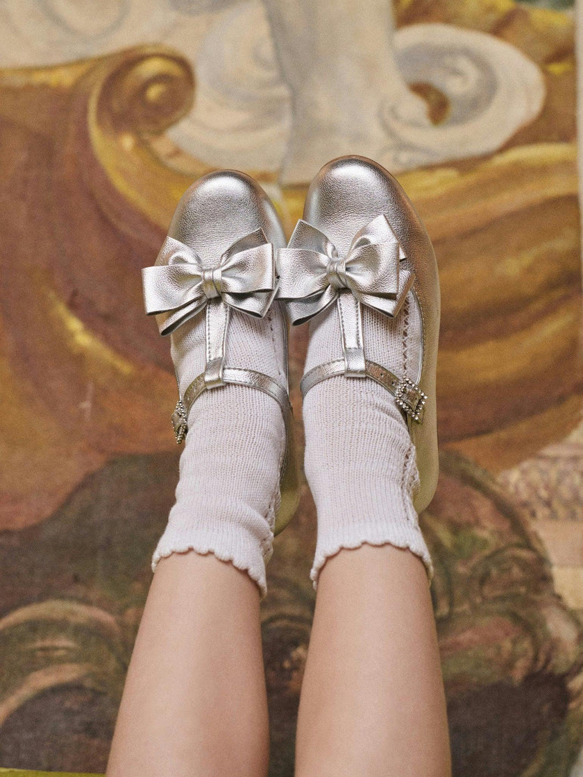 Nicky Hilton x La Coqueta Silver Tessa Leather Girl T-Bar Shoes