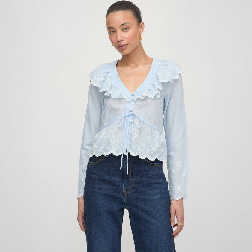 The Zoya Top - Powder Blue with White Embroidery