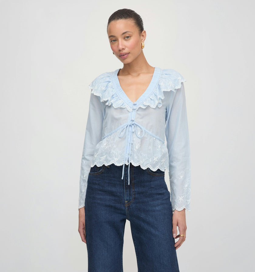 The Zoya Top - Powder Blue with White Embroidery