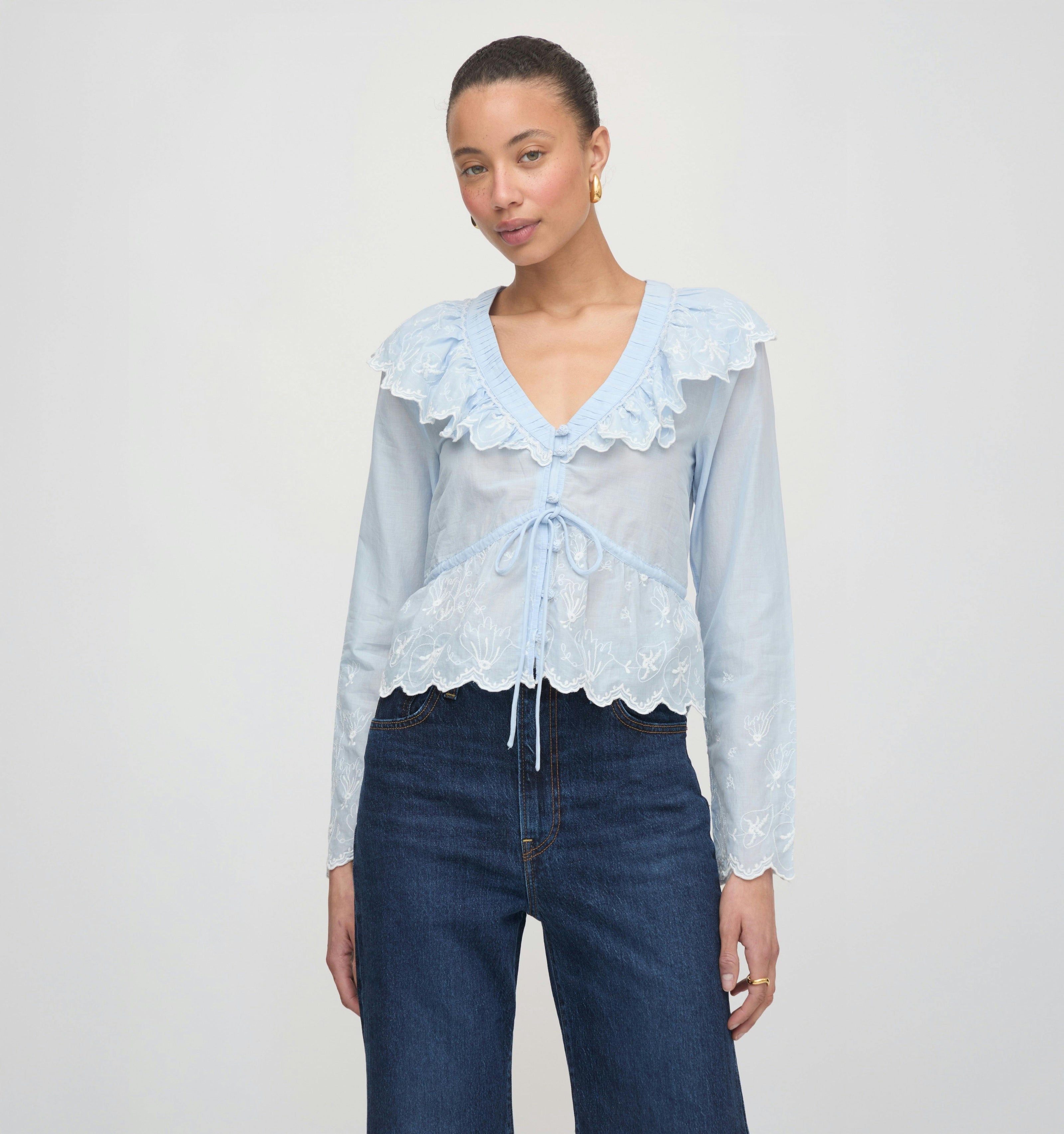 The Zoya Top - Powder Blue with White Embroidery