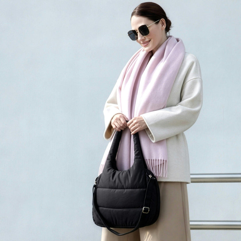 The Astra Puffy Tote with Removable Crossbody Strap in Black