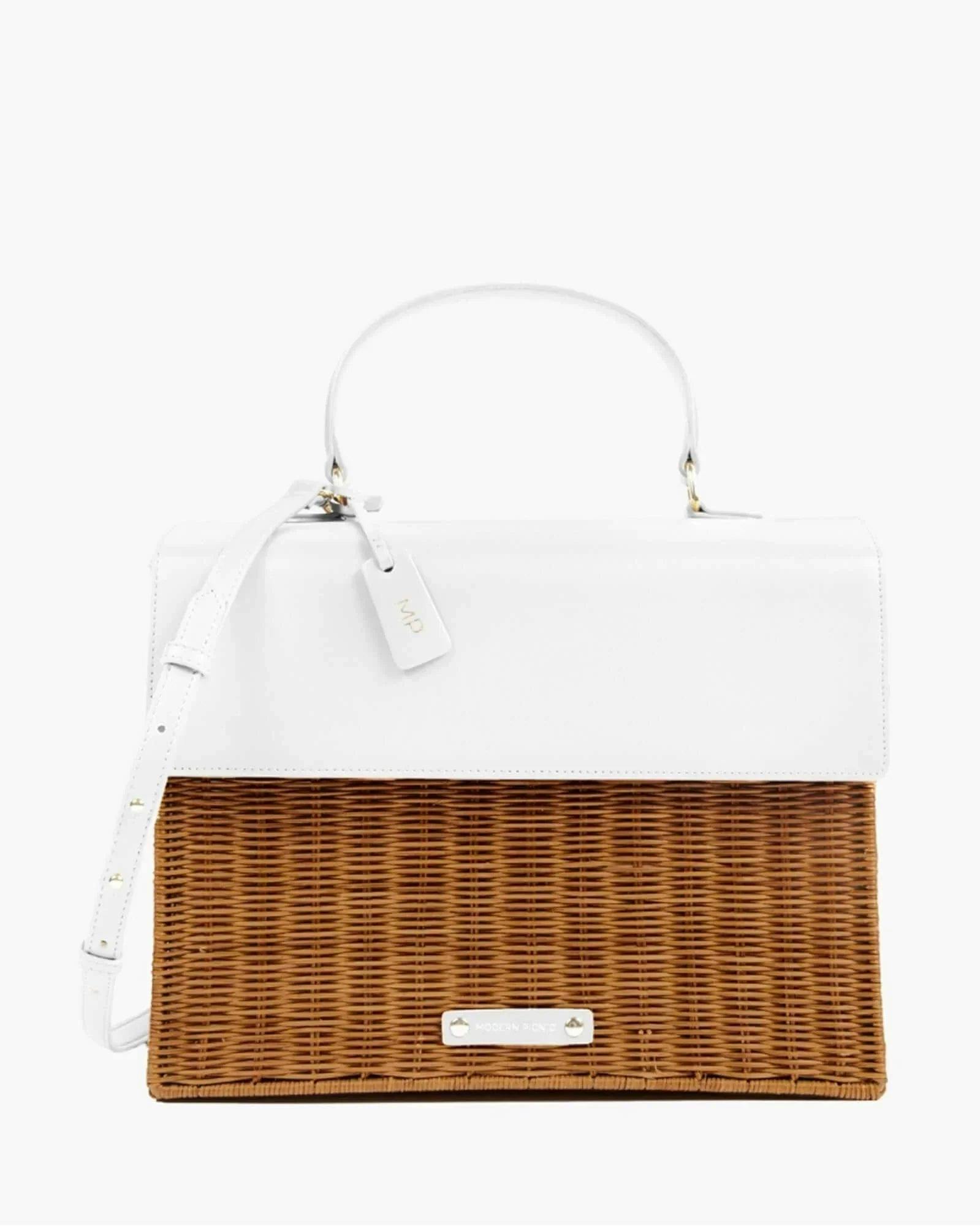 Large, Insulated, Hand-Woven Wicker Lunchbox, Dark White