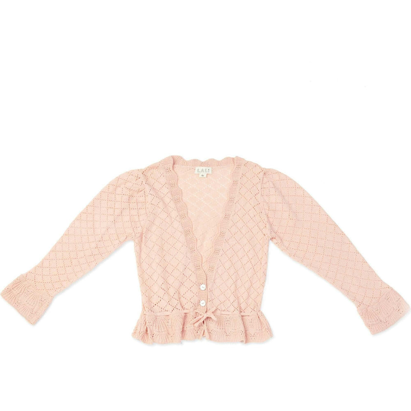 Lacy Knit Scalloped V-Neck Long Cuffed Sleeve Tie Waist Cardigan