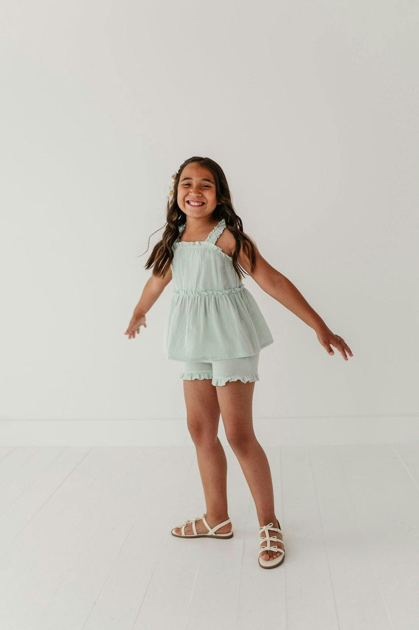 Girls Ruffle Gauze Shorts in Aqua Island