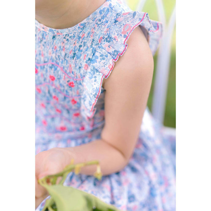 Marguerite Floral Blue Frilled Sleeveless Smocked Dress