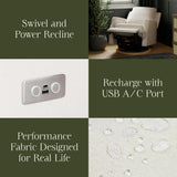 Crewe Electronic Recliner and Swivel Glider in Performance Cream Eco-Weave with Light Wood Base
