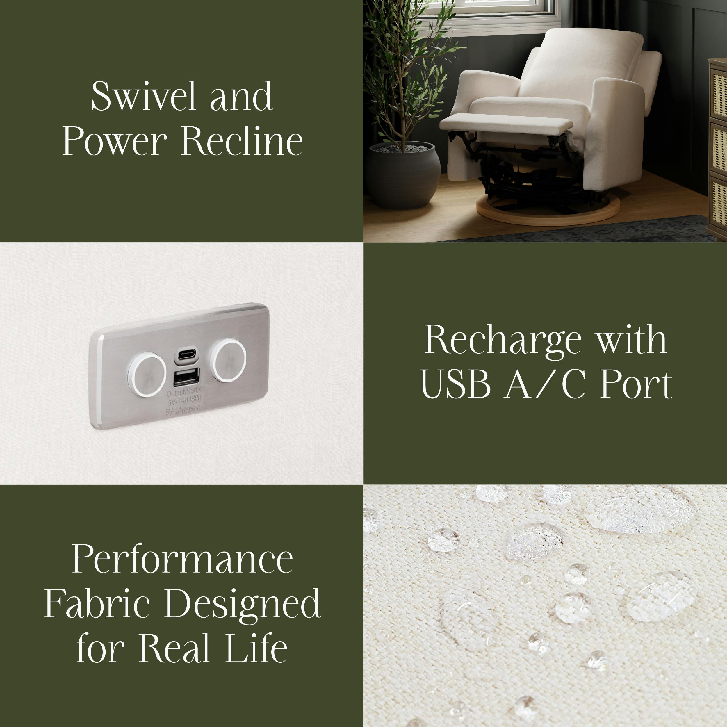 Crewe Electronic Recliner and Swivel Glider in Performance Cream Eco-Weave with Light Wood Base