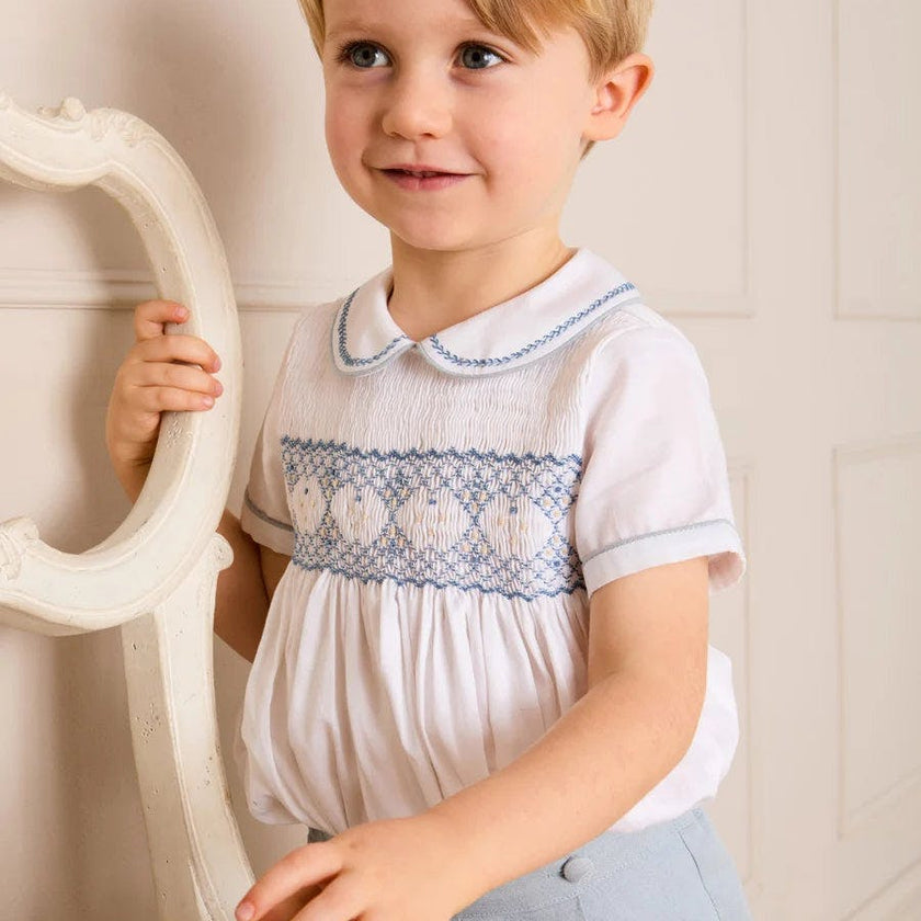 Hand Smocked Peter Pan Collar Short Sleeve Two Piece Set in Sky Blue (12mths-6yrs)