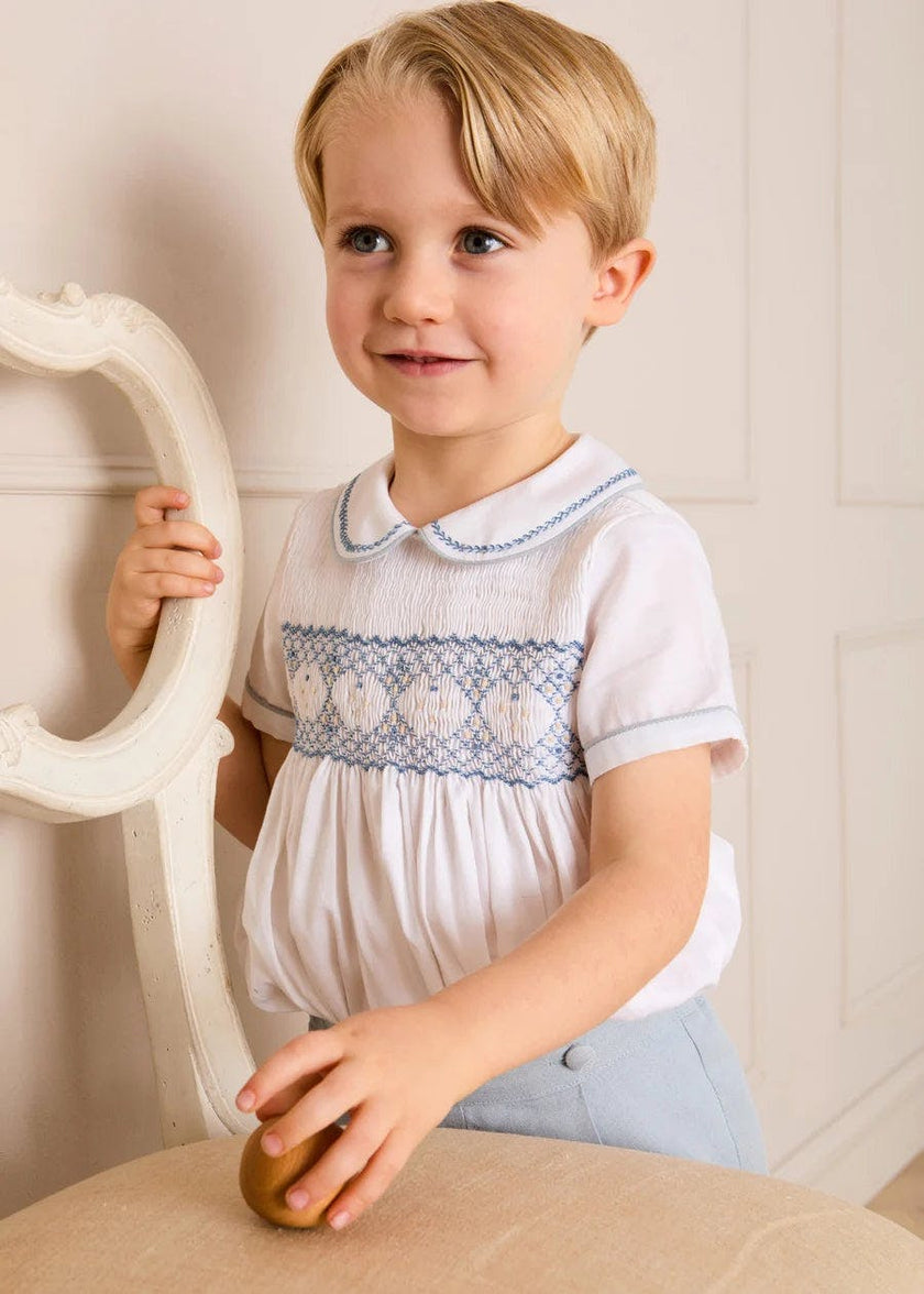 Hand Smocked Peter Pan Collar Short Sleeve Two Piece Set in Sky Blue (12mths-6yrs)
