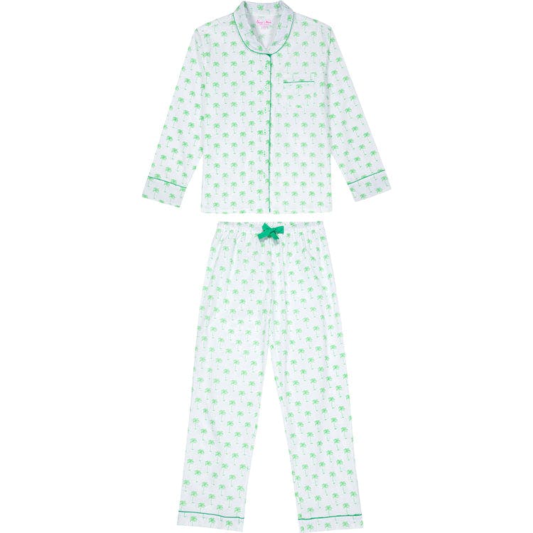 Women's Green Palm Tree Long PJ Set - Organic Cotton Poplin