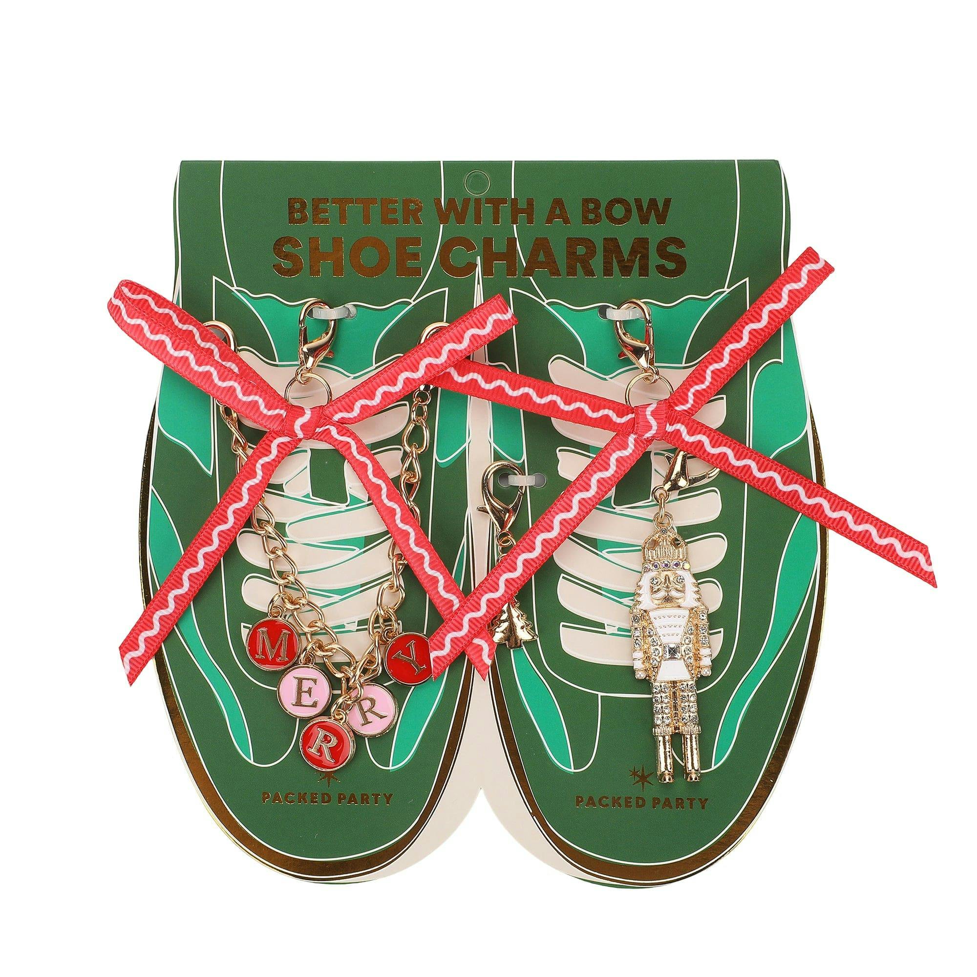 Packed Party Holiday Christmas Shoe Charm Set 5pc - Red Rickrack Bows, Gold Nutcracker, Tree Charm, and MERRY Letter Chain for Festive Sneakers