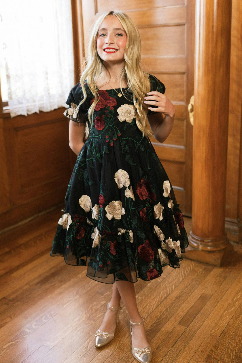 Mini Amora Dress in Obsidian Rose Embroidery