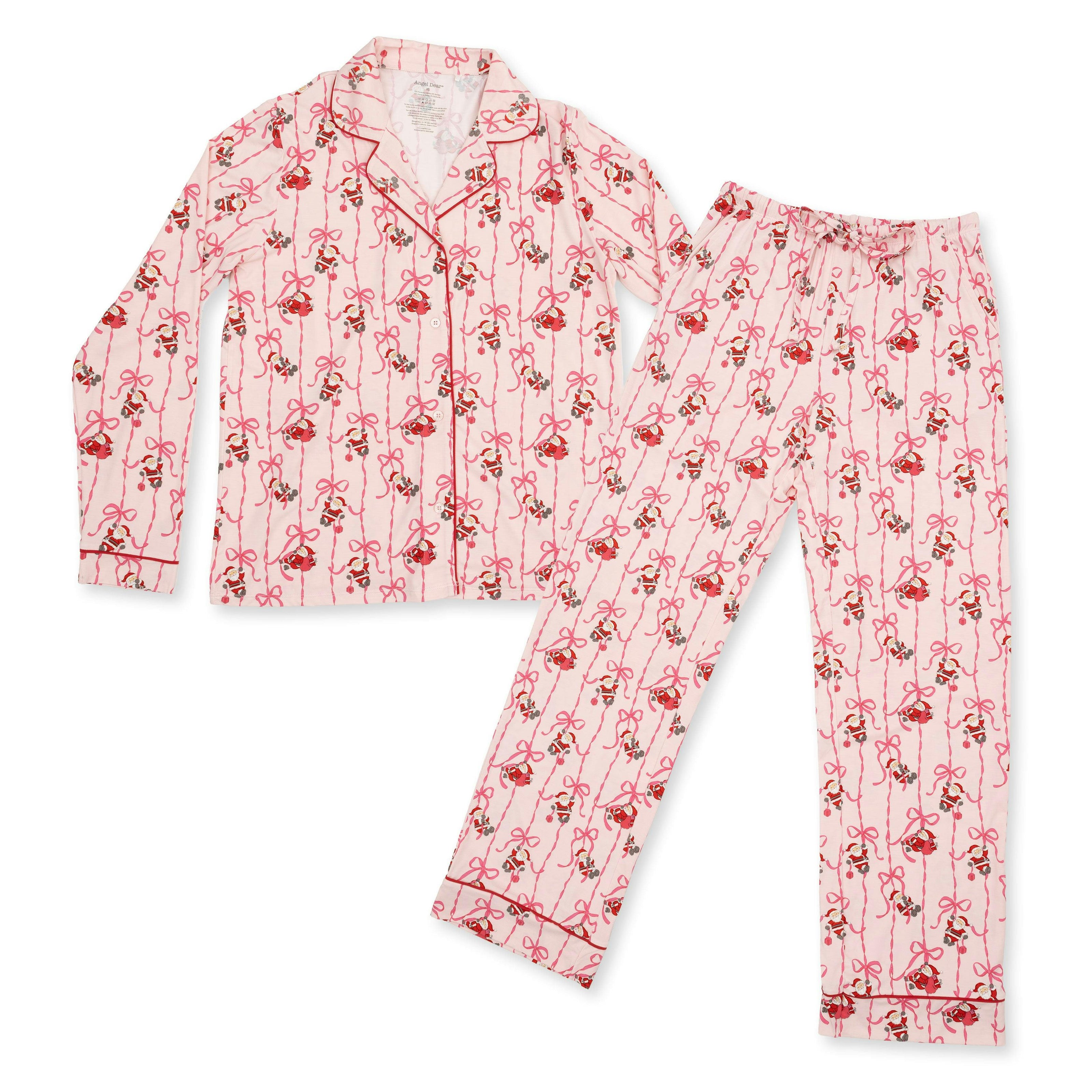 Bows & Santa - Bamboo Adult Long Sleeve Coat Style and Pant with Pockets